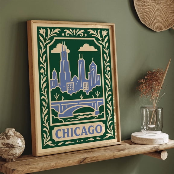 Chicago Skyline Retro Green Blue Cityscape Art Poster, Unframed Paper Poster 8x10in