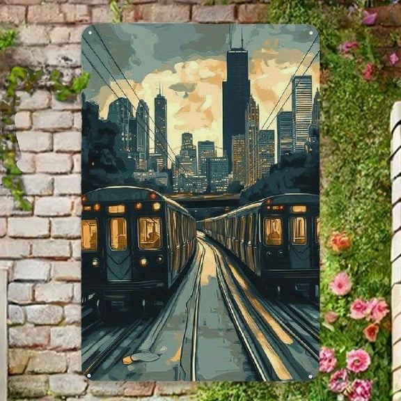 Chicago Skyline Retro Metal Wall Art, 8x12in - Classic Cityscape Tin Painting, Suitable for Living Room, Bedroom, Kitchen, Office Decoration, Perfect Room Decor