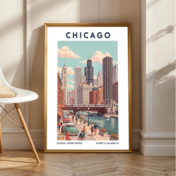 Chicago Skyline Riverwalk Print - Illinois Wall Art - Us State Poster - Us Wall Art - For Traveller - Usa Travel Print - Wall Decor Art, Unframed Poster Size 16x24