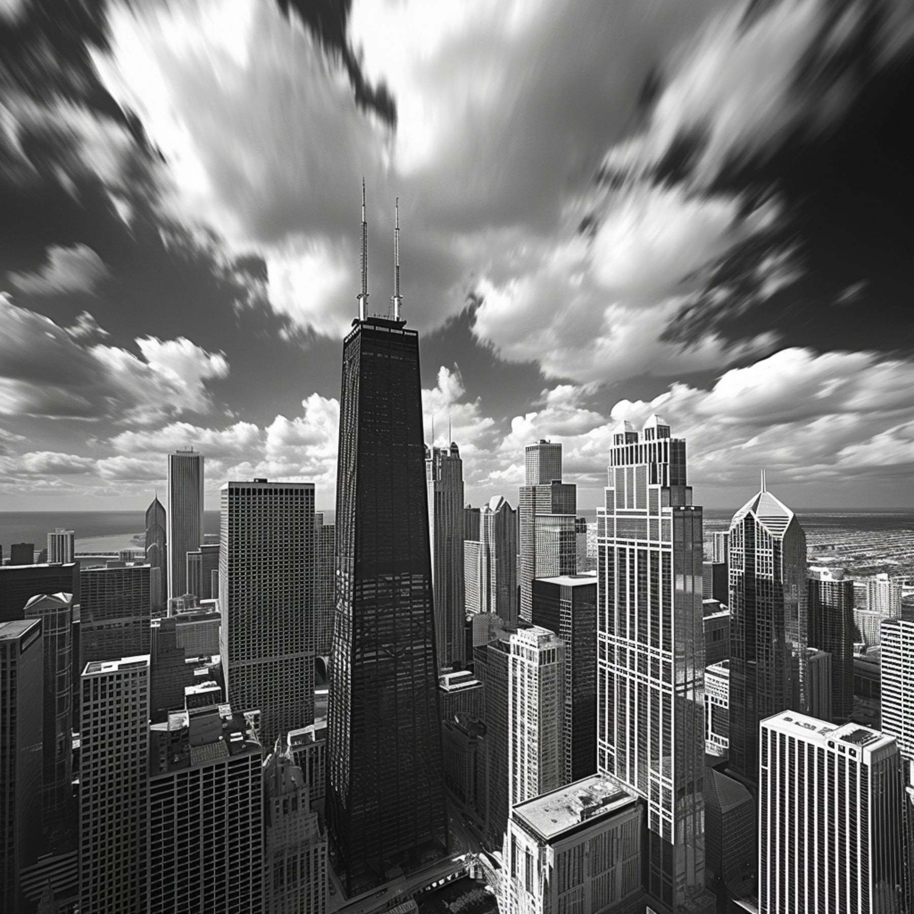 Chicago Skyline Shower Curtain: Highangle black and white photo of ...