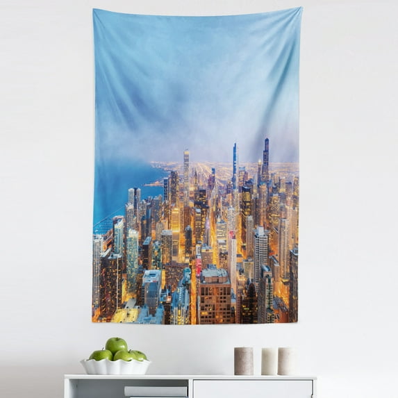 Chicago Skyline Tapestry, Aerial View of Town Michigan Lake Vibrant City Panorama Evening Time, Fabric Wall Hanging Decor for Bedroom Living Room Dorm, 5 Sizes, Multicolor, by Ambesonne