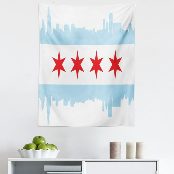 Chicago Skyline Tapestry, City Flag High Rise Buildings Scenery National, Fabric Wall Hanging Decor for Bedroom Living Room Dorm, 5 Sizes, Pale Blue White Red, by Ambesonne