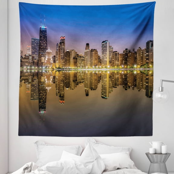 Chicago Skyline Tapestry, Evening Time at Busy American Town Lifestyle Architecture Landscape, Fabric Wall Hanging Decor for Bedroom Living Room Dorm, 5 Sizes, Sepia Mauve Yellow, by Ambesonne