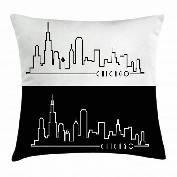 Chicago Skyline Throw Pillow Cushion Cover, Minimalist Style Urban Plan View City Chart Sketch American Abstract, Decorative Square Accent Pillow Case, 24 X 24 Inches, Black and White, by Ambesonne
