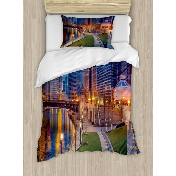 Chicago Skyline Twin Size Duvet Cover Set, Cityscape Urban Scene Waterfront Illuminated at Twilight Blue Hour Image, Decorative 2 Piece Bedding Set with 1 Pillow Sham, Multicolor, by Ambesonne