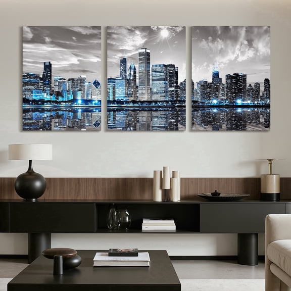 Chicago Skyline Wall Art for Living Room Modern City Night Scene Art Prints - 12"x16"x3 Piece Blue Grey Canvas Paintings for Bedroom Office Home Decor