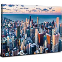 Chicago Skyline Wall Art USA City Wall Decor for Living Room Blue Chicago Panorama Picture Modern Cityscape Poster Sunset Building Canvas Prints Artwork Bedroom Kitchen Office Home Decorations 12x16