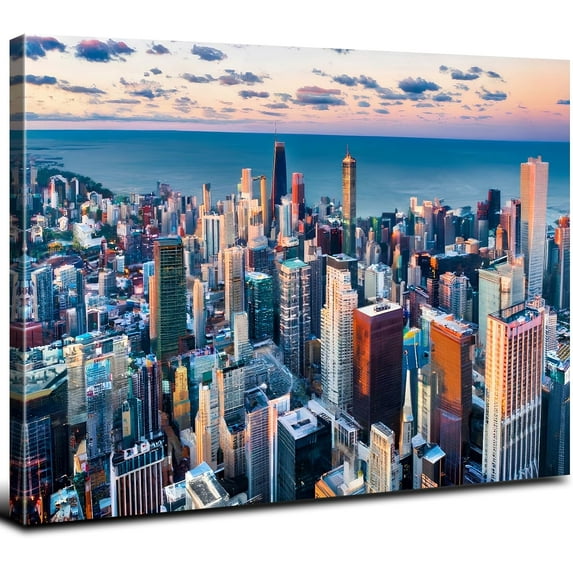 Chicago Skyline Wall Art USA City Wall Decor for Living Room Blue Chicago Panorama Picture Modern Cityscape Poster Sunset Building Canvas Prints Artwork Bedroom Kitchen Office Home Decorations 12x16