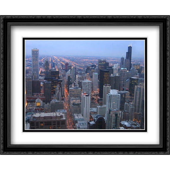 Chicago Skyline at Night 2x Matted 34x28 Large Black Ornate Framed Art Print by The Cityscape Art Print Series