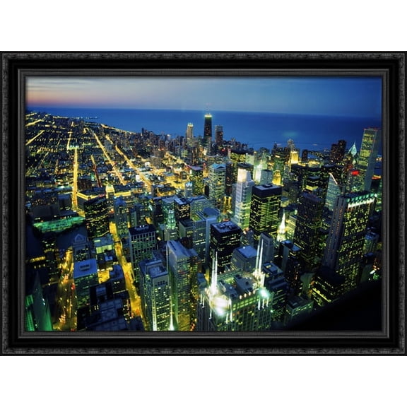 Chicago Skyline at Night 38x28 Large Black Ornate Wood Framed Canvas Art