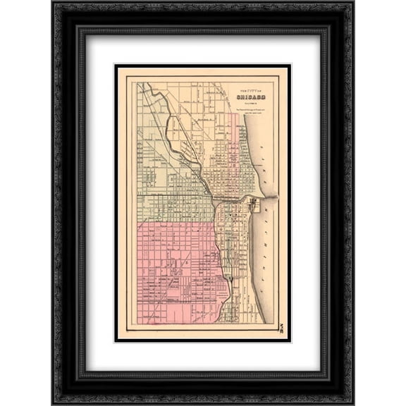 Chicago Street Map, c.1895 2x Matted 11x22 Black Ornate Framed Art Print