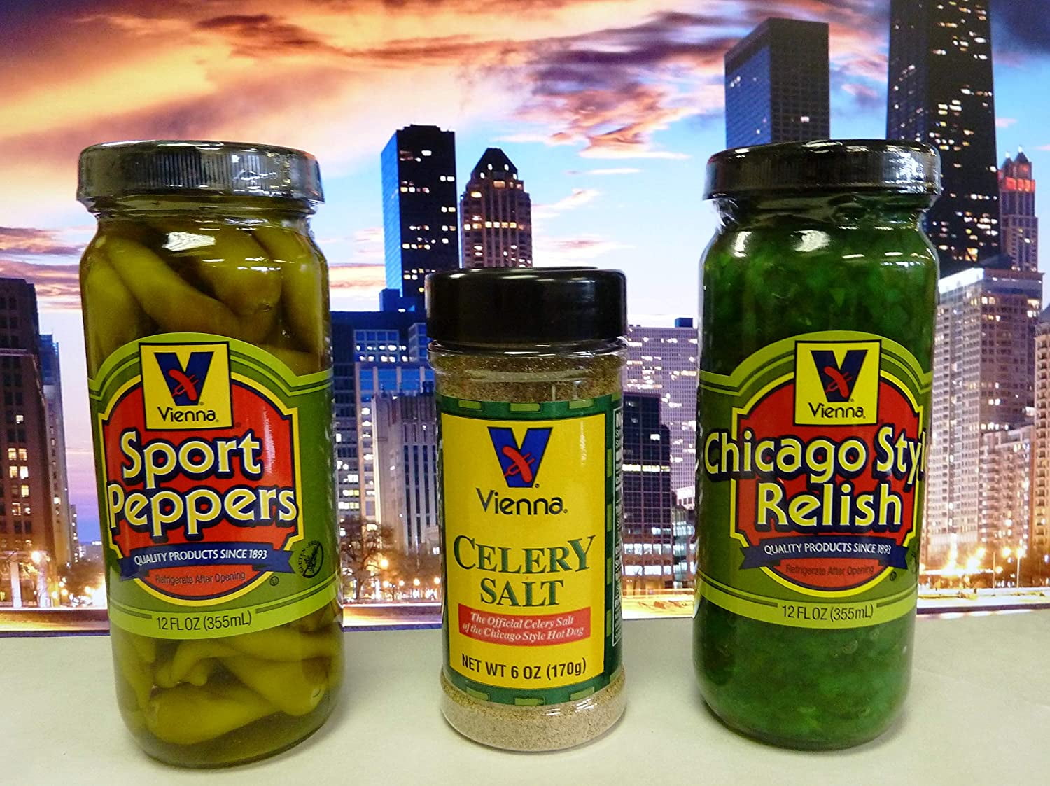 ChicagoStyle Hot Dog Trio, Relish, Sport Peppers, Celery Salt