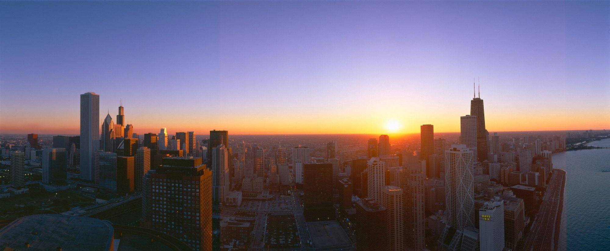 Chicago Sunset Aerial View Illinois Canvas Art - Panoramic Images (27 x 9)