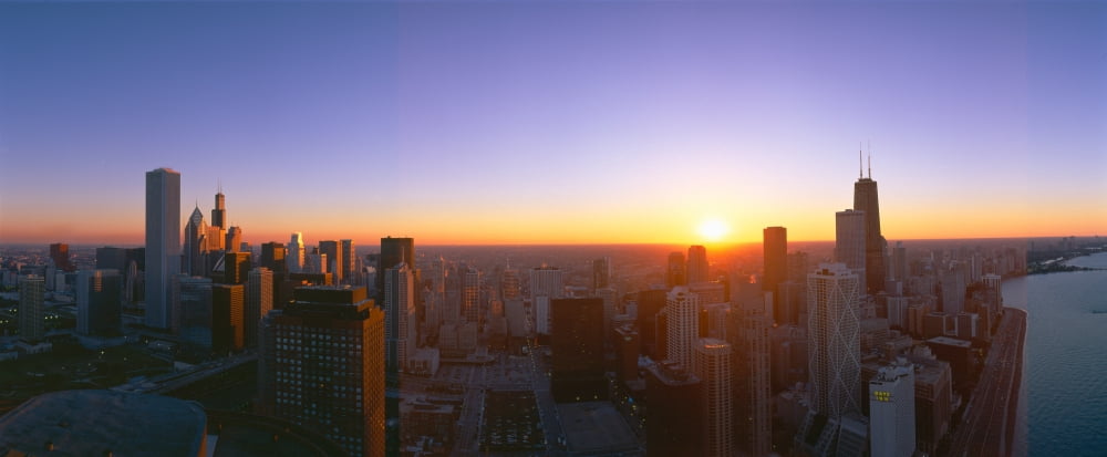 Chicago Sunset Aerial View Illinois Canvas Art - Panoramic Images (36 x 12)