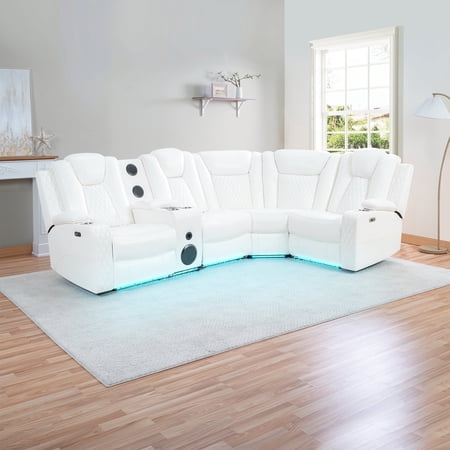 Naomi Home Chicago Corner Sofa white Air Leather, Premium 5-Seater Reclining Sofa with Console, Cup Holders, USB Ports, Pillow Top Armrests & Split Back Design, -Color:White