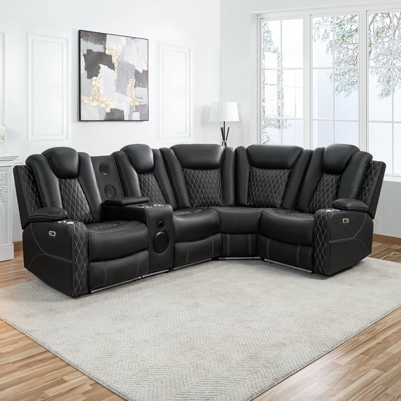 Naomi Home Chicago Corner Sofa Black Air Leather, Premium 5-Seater Reclining Sofa with Console, Cup Holders, USB Ports, Pillow Top Armrests & Split Back Design, -Color:Black