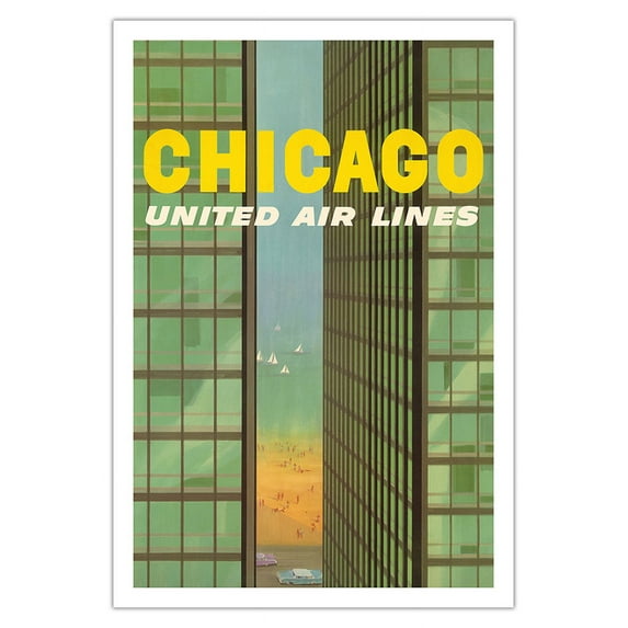 Chicago USA - Lake Shore Drive Mies Buildings Twin Towers - United Air Lines - Vintage Airline Travel Poster by Stan Galli c.1955 - Fine Art Matte Paper Print (Unframed) 30x44in