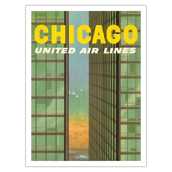 Chicago USA - Lake Shore Drive Mies Buildings Twin Towers - United Air Lines - Vintage Airline Travel Poster by Stan Galli c.1955 - Fine Art Matte Paper Print (Unframed) 24x32in