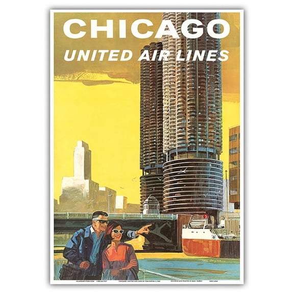 Chicago USA - Marina City Chicago River - United Air Lines - Vintage Airline Travel Poster by Tom Hoyne c.1965 - Master Art Print 10in x 14in