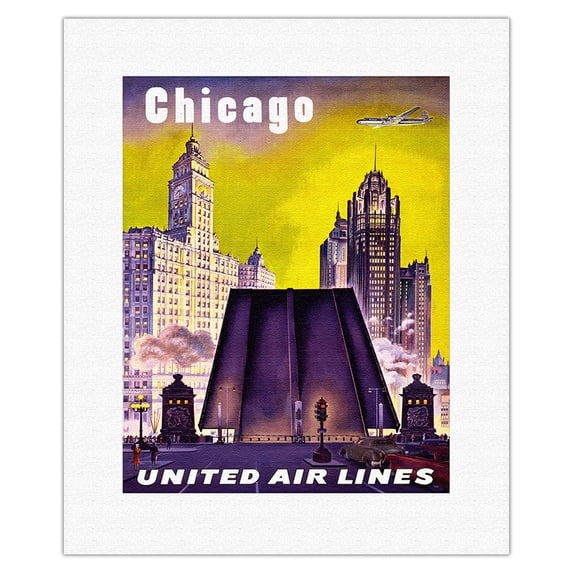 Chicago USA - The Tribune Tower Wrigley Building and Michigan Avenue Bridge - United Air Lines - Vintage Airline Travel Poster c.1950s - Fine Art Rolled Canvas Print 11in x 14in