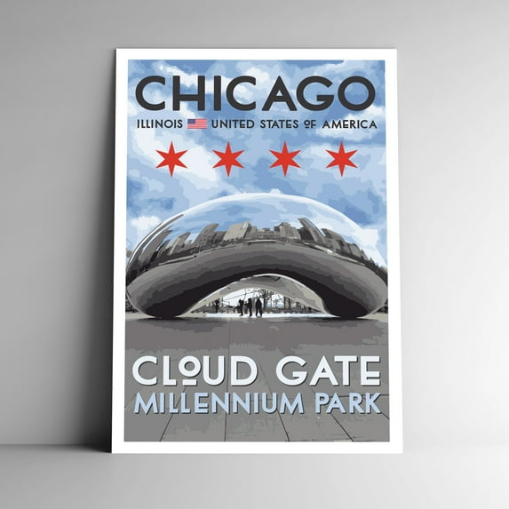 Chicago Vintage Travel Poster / Postcard WPA Style Cloud Gate The Bean Retro