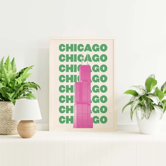 Chicago Willis Tower Travel Pink Green Exhibition Art Trendy Wall Decor, Unframed Paper Poster 11x14in