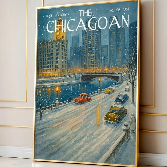 Chicago Winter Scene Poster, Cityscape, Retro Chicago River Wall Art Warm Present Vintage UNFRAMED Poster Size 12x18