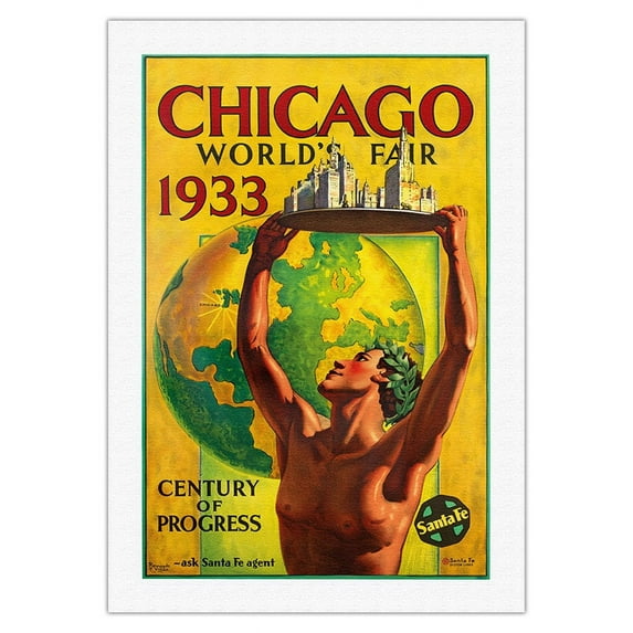 Chicago World’s Fair 1933 Century of Progress Santa Fe Railroad - Vintage Railroad Travel Poster by Hernando Villa c.1933 - Fine Art Rolled Canvas Print 27in x 40in