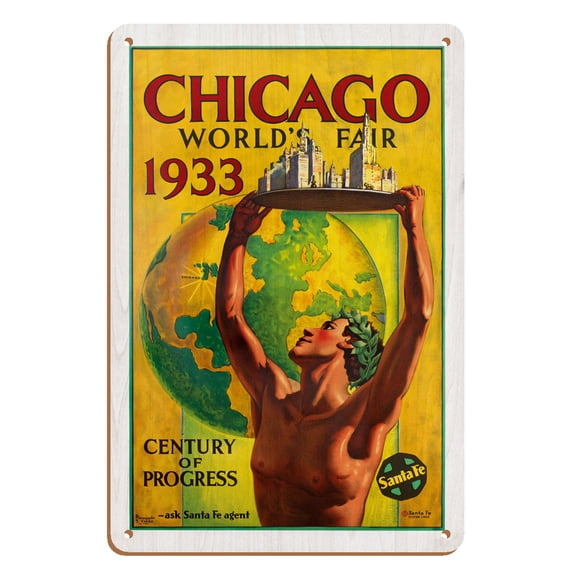Chicago World’s Fair 1933 Century of Progress Santa Fe Railroad - Vintage Railroad Travel Poster by Hernando Villa c.1933 - 8 x 12 inch Vintage Wood Art Sign