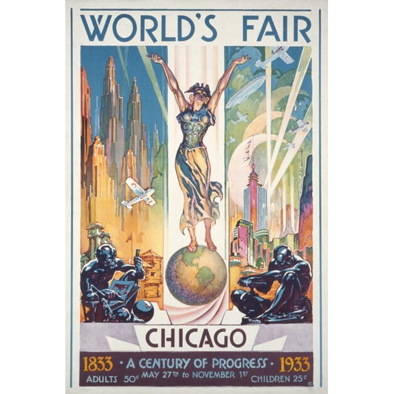 Chicago World's Fair Poster, Woman on Globe, Vintage Advertisement (12x18 Wall Art Poster, Room Decor)