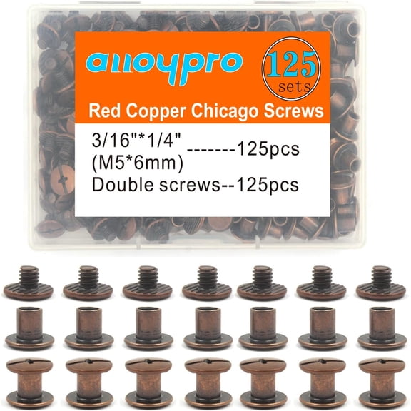 Chicago screws Assorted Kit Red copper Leather Rivets Screw Rivets Slotted Phillip Head Book Binding Posts Nail Rivet Chicago Bolts for DIY Leather Craft Bookbinding (Red coppere 3/16"x1/4"-125 sets)