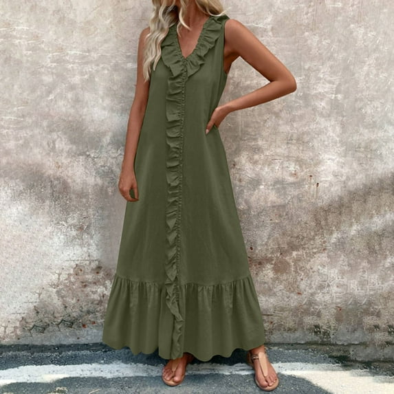 Chicall Maxi Dresses for Women Summer V Neck Sleeveless Flowy Dress Casual A-Line Ruffle Trims Wrap Style Long Dress Army Green XL
