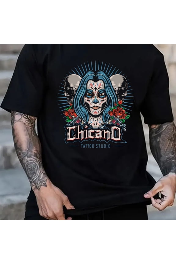 Chicano Tattoo Studio Tee for Men Thirts Black Graphic Tees Graphic Tees Comfortable Loose Thirt Fashionable, Printed, Machine Washable Hip-hop Streetwear T Shirts for Summer Fall Comfortable Elasti