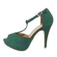 thumbnail image 1 of Chicastic Rhinestone Pumps T- Strap Peep Toe Women's 4.5" High Heel Platform Bridal, Party, Prom, Wedding Shoes Emerald Green 8.5, 1 of 1