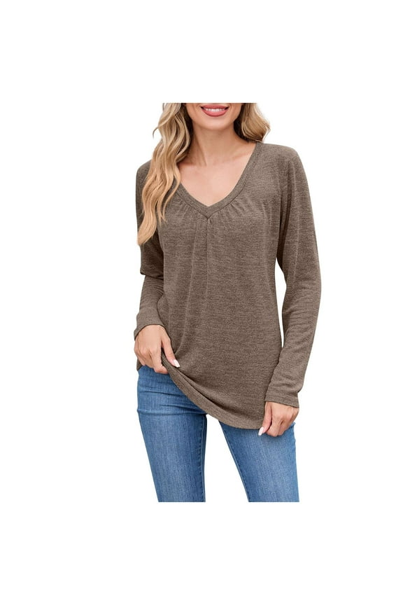 Chiccal Women's Long Sleeve Shirts V Neck Pleated Curved Hem T-shirts Cute Comfy Casual Tunic Tops