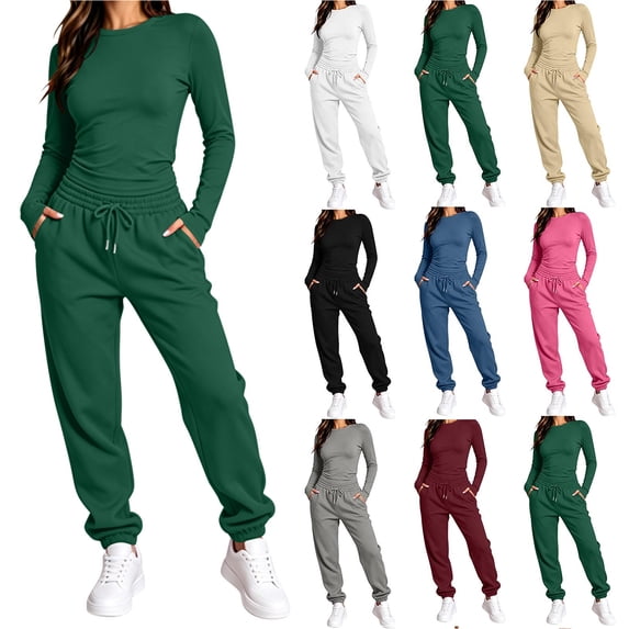 Chiccall 2 Piece Fall Outfits for Women Stretchy Long Sleeve Crew Neck Crop Top High Waist Drawstring Jogger Pants Matching Lounge Set Tracksuits Set