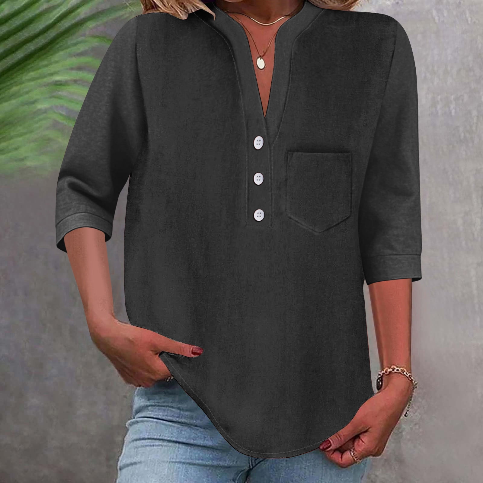Chiccall 3/4 Sleeve Linen Tops for Women Solid V Neck Buttons T-Shirts ...