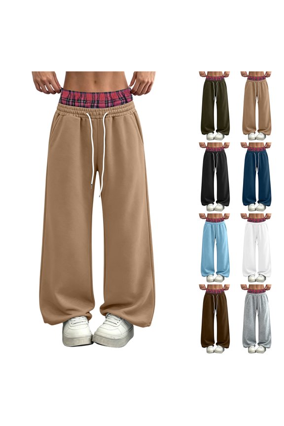 Baggy Wide-Leg Sweatpants for Women Drawstring Waist Fleece Lined Patchwork Hiking Jogger Pants with Side Pockets