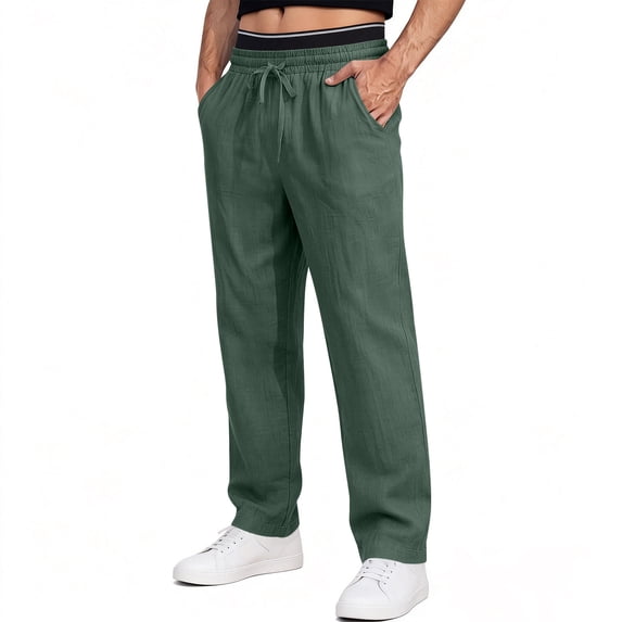 Chiccall Beach Linen Pants for Men Summer Casual Cotton Drawstring Trouser Lightweight Elastic Waist Straight Leg Pant with 3 Pockets