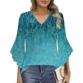 thumbnail image 1 of Chiccall Blouses for Women Ruffle 3/4 Sleeve Dressy V Neck Flowy Tunic Tops Business Flared Sleeve Casual Loose Shirts Blue L, 1 of 8