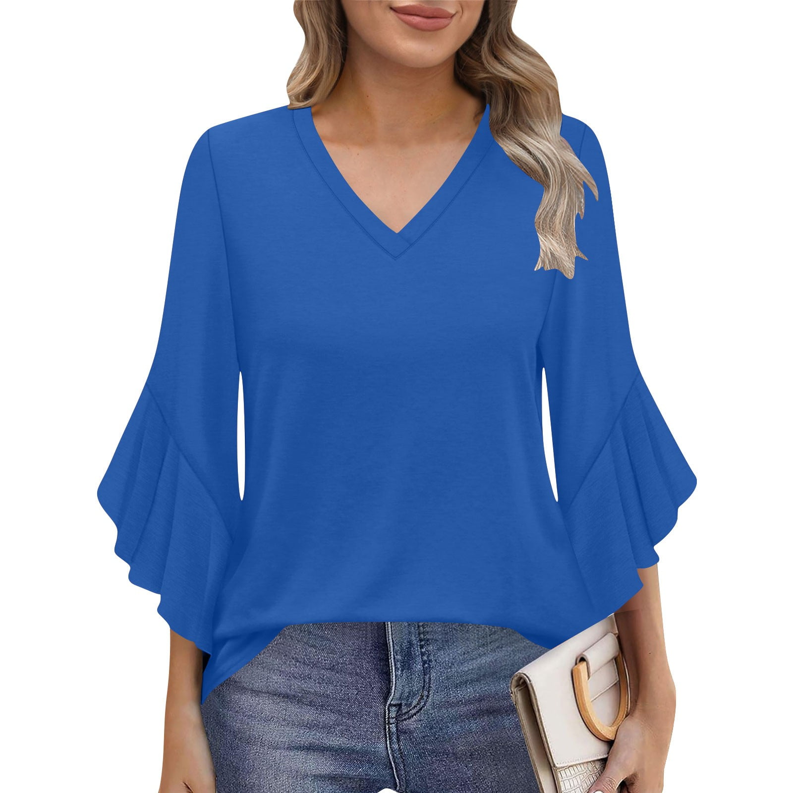 Chiccall Blouses for Women Ruffle 3/4 Sleeve Dressy V Neck Flowy Tunic ...