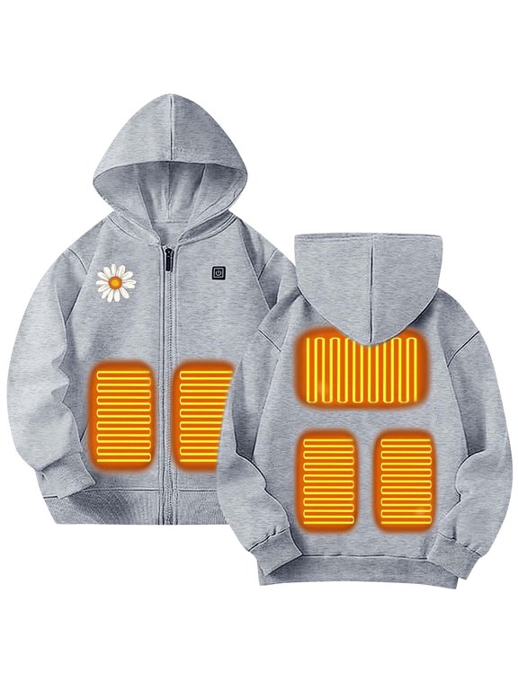 Boys Girls Heart Graphic Heated Hooded Jacket Windproof Thermal Lined Daily Play Warm Winter Outer Coat for Kids