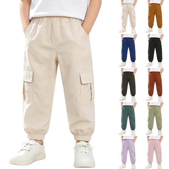 Chiccall Boys Tapered Cargo Pants Multi Pockets Elastic Waist Cuffed Ankle Solid Jogger Casual Daily Play Running Sweatpants for Boys
