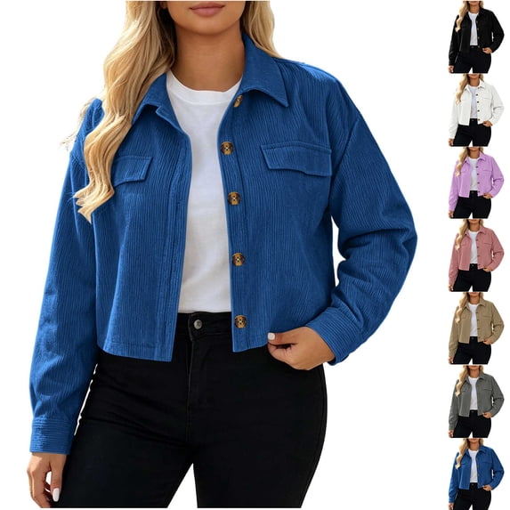 Chiccall Button Down Corduroy Trucker Jacket for Women Solid Cropped Lapel Collar Long Sleeve Casual Coat