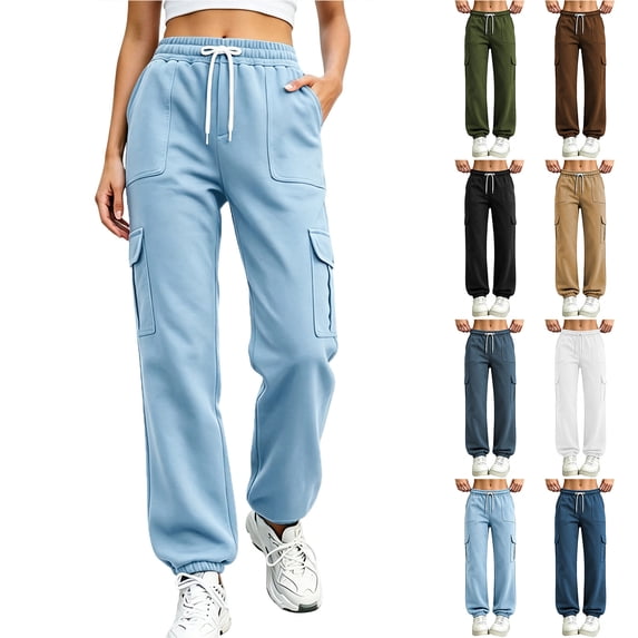 Chiccall Cargo Jogger Sweatpants for Women Elastic Drawstring High Waist Loose Cuffed Athletic Pants with Multi Pockets