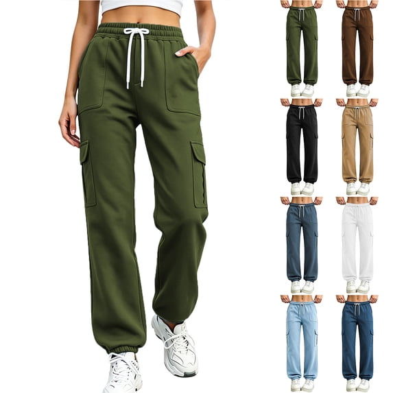 Chiccall Cargo Jogger Sweatpants for Women Elastic Drawstring High Waist Loose Cuffed Athletic Pants with Multi Pockets