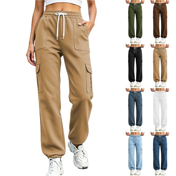 Chiccall Cargo Jogger Sweatpants for Women Elastic Drawstring High Waist Loose Cuffed Athletic Pants with Multi Pockets