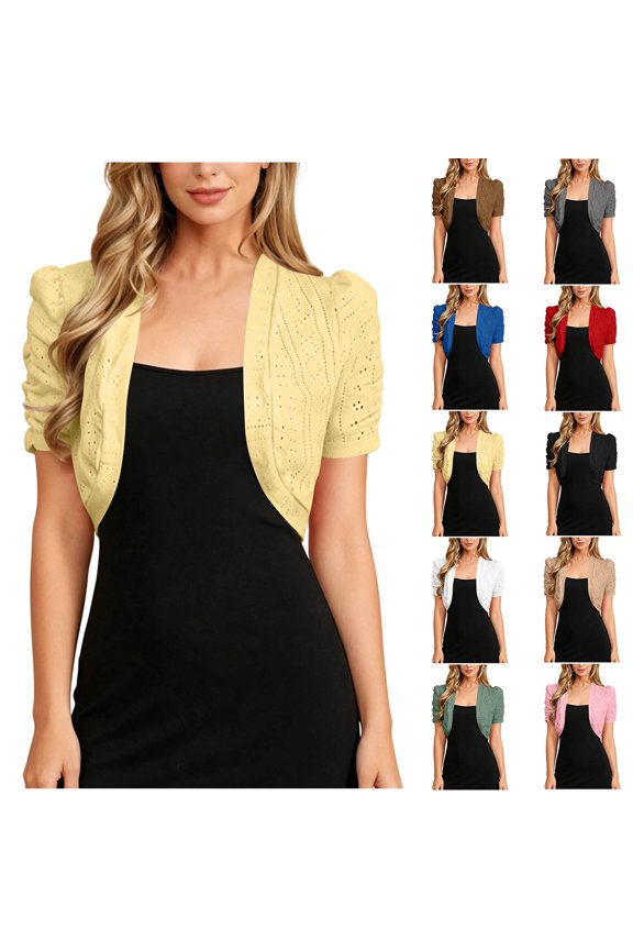 Women's Solid Cropped Eyelet Knit Cardigan Puff Ruched Short Sleeve Open Front Lightweight Cover Up Jacket for Dress Wedding Evening
