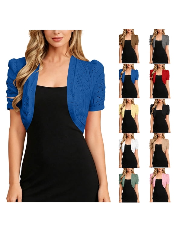 Women's Solid Cropped Eyelet Knit Cardigan Puff Ruched Short Sleeve Open Front Lightweight Cover Up Jacket for Dress Wedding Evening