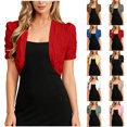 thumbnail image 1 of Chiccall Women's Solid Cropped Eyelet Knit Cardigan Puff Ruched Short Sleeve Open Front Lightweight Cover Up Jacket for Dress Wedding Evening, 1 of 5